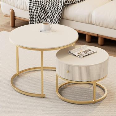 Imagem de Conjunto redondo de mesa de café de ninho de 2, empilhamento de mesa lateral com moldura de metal dourado, mesa de chá de sofá para espaço pequeno/sala de estar/quarto, c, (60x46)+(45x36) cm