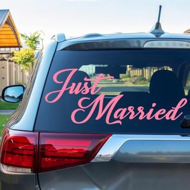 Imagem de Timtin Adesivos de vinil para carro Just Married Decorações de carro de casamento decalques removíveis de veículos decoração de porta de janela para lua de mel casamento aniversário suprimentos de