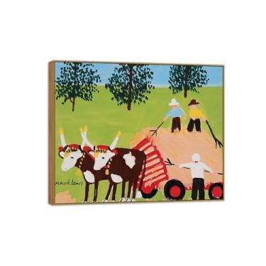 Imagem de Maud Lewis Famosa Pintura-Impressões em Tela Reprodução-Quadro Sala de Estar(Hay Wagon With Oxen Team) 40x50cm-16x19in Moldura de Wooden