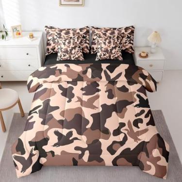 Imagem de Erosebridal Jogo de cama King com estampa de caçador de patos camuflado, camuflagem, exército, caça, caça, vintage, rosa, marrom, animal selvagem, pato selvagem, conjunto de cama de fazenda