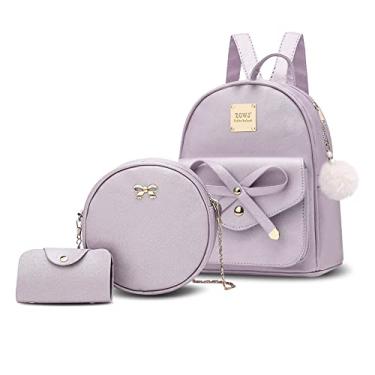 Imagem de Aogist Mini mochila de couro 3 peças moda laço zíper bolsas bonito casual viagem para meninas e mulheres, Pérola, roxo