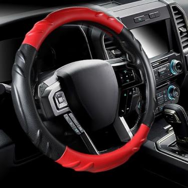 Imagem de CACAWIZ Capa de volante de carro para Ford F150 F250 350, acessórios automáticos para Ford, couro premium, design esportivo, vermelho