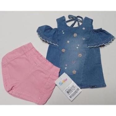 Imagem de Conjunto Menina Blusa Jeans + Shorts Verão Paraiso Rf 14983-Feminino