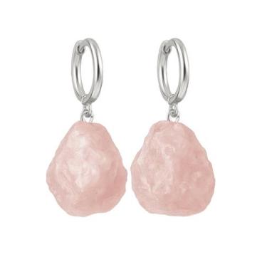 Imagem de Brinco de Argola Quartzo Rosa - Cristal Natural, Prata 925