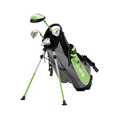 Imagem de KVV Conjunto completo de taco de golfe júnior para crianças/crianças, mão direita, conjunto de 4 peças inclui driver grande, ferros S # e 7#, putter, capa de cabeça, bolsa de suporte de golfe portátil