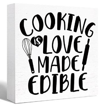 Imagem de Sinais de caixa de madeira de cozinha, placas de bloco de madeira comestíveis feitas por amor com frases para decoração de mesa de cozinha, placa de cozinha engraçada para balcão de prateleira