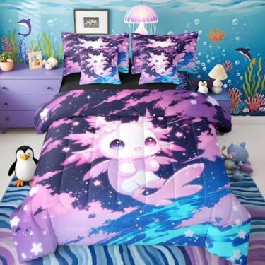 Imagem de Axolotl Conjunto de cama em uma bolsa, desenho animado, salamandra, 7 peças, para decoração de quarto de crianças, meninos, galáxia, conjunto de edredom com lençóis, fronhas e fronhas, tamanho casal