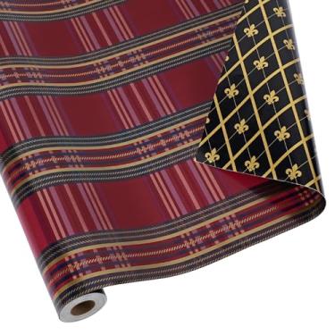 Imagem de LaRibbons Mini rolo de papel de embrulho de Natal reversível, xadrez vermelho e base preta com padrão de flor de lis dourada, para , feriado e sazonal, 43 x 33 pol