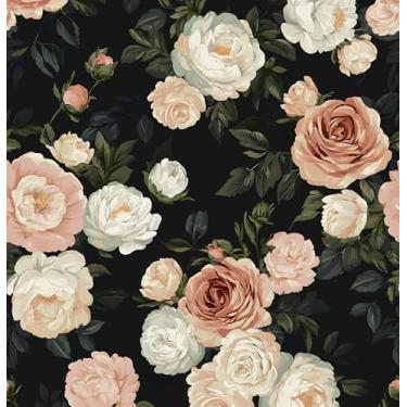 Imagem de Papel de parede rosa peônia rosa branca descasque e cole papel de parede preto 44,5 cm x 299,7 cm papel de contato de folha floral vintage vinil impermeável autoadesivo flor papel de parede botânico