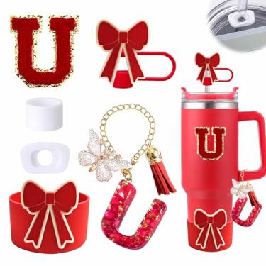 Imagem de Conjunto de 6 peças de acessórios para copo vermelho Stanley Cup 850 g 1,134 g copo com alça, incluindo tampa de cobertura de palha de silicone e bota de laço, tampa à prova de derramamento, pingente