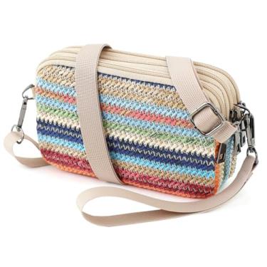 Imagem de BBORGDC Bolsas pequenas transversais para mulheres, bolsa de malha de palha com 3 zíperes, carteira de pulso RFID, bolsa boho de praia com bolso para telefone
