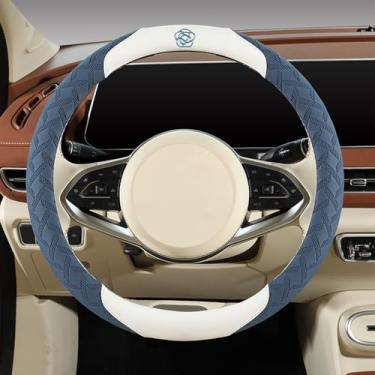 Imagem de Capas de volante de microfibra elástica para mulheres, ajuste universal, carro de 38 cm, linda flor de camélia, antiderrapante, respirável, absorvente (azul escuro)