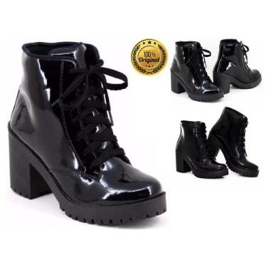 Imagem de Bota Feminina Coturno Cano Curto Verniz Preto Salto Grosso Tratorada -