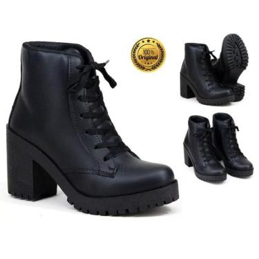 Imagem de Bota Feminina Coturno Cano Curto Fosco Salto Tratorado Preto - Número 