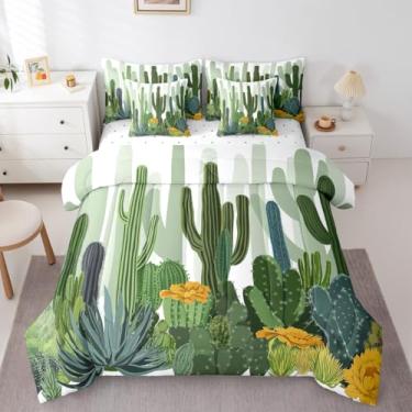 Imagem de Erosebridal Conjunto de edredom de cacto, cama de pera espinhosa, tamanho solteiro, 7 peças, planta do deserto, botânica, folhas verdes, estilo jardim, roupa de cama
