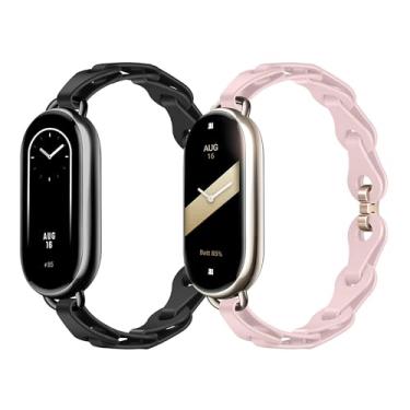 Imagem de Lamshaw Compatível com pulseiras Xiaomi Smart Band 9, pulseiras de substituição de silicone elástico vazadas compatíveis com Xiaomi Smart Band 9, Mi Band 8 (pacote com 2, preto + rosa, para pulseira 8