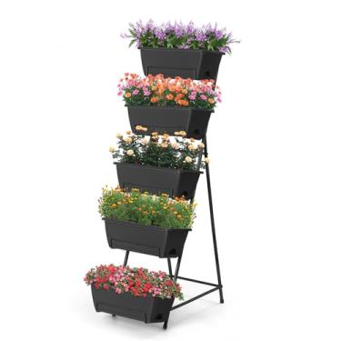 Imagem de Caixa de plantio vertical de 5 níveis, canteiro vertical elevado com orifícios de drenagem para ambientes internos e externos, ervas, flores, vegetais, plantas, cinza