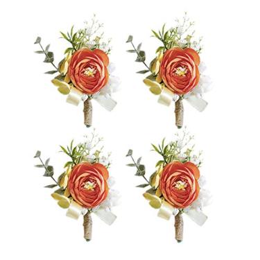 Imagem de Prettybuy Boutonniere Boutineer masculino com alfinete de casamento na lapela noivo noivo casa de botão para decoração de terno de baile de formatura, laranja, 4 peças