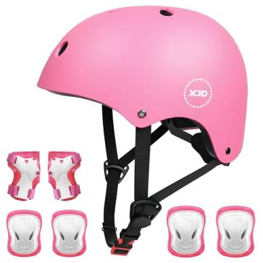 Imagem de Capacete infantil XJD para crianças de 3 a 13 anos, conjunto de equipamento de proteção esportivo para meninos e meninas, capacete de ciclismo ajustável para crianças com joelheiras, protetores de cotovelo, capacete de skate para jovens com certificação CPSC, Filho(a), rosa, M(8-13 Years Old)