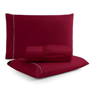 Imagem de Jogo de Cama Super King - 3 Peças - 400 Fios Percal Flex 100% Poliéster com Ponto Palito Toque Macio - Vários Tamanhos (Vinho, Super king)