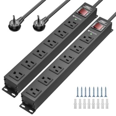 Imagem de CRST - Pacote com 2 réguas de energia resistentes com 6 tomadas com interruptor, 15A/1875W, protetor contra surtos de metal, 2100 joules, barra de energia espaçada ampla para garagem,