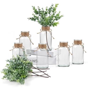 Imagem de Conjunto de 6 vasos de vidro com hastes artificiais de folhas de eucalipto, vasos de flores transparentes vintage para decoração de mesa de mesa de fazenda, casamento, vaso cilíndrico para decoração