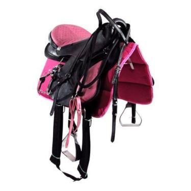 Imagem de Sela Australiana De Arco Preto e Rosa Inox Luxo 16 Polegadas + Acessór