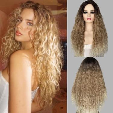 Imagem de Fencca Perucas longas encaracoladas loiras ombré em camadas para mulheres 61 cm parte do meio peruca ondulada sintética com raízes escuras aparência natural peruca de festa diária