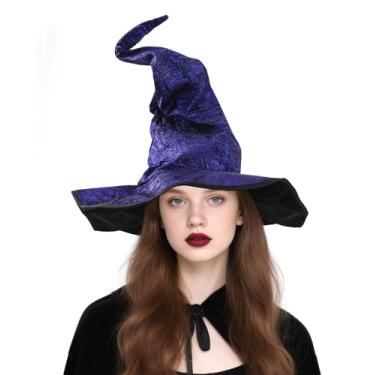 Imagem de RENEMEGO Chapéu de bruxa de Halloween para mulheres, chapéu de bruxa franzido, fantasia de Halloween, baile de máscaras, acessórios de carnaval renascentista, Roxa, 58cm x 42cm x 55cm