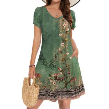 Imagem de Vestido feminino Zeagoo, de verão, evasê, manga curta, estampado verde