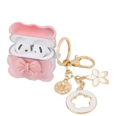 Imagem de Capa fofa para AirPods 4 para meninas e mulheres com laço 3D – Capa protetora de TPU transparente macia com chaveiro e anel, compatível com AirPods 4ª geração 2024 com ANC, capa compacta Kawaii para