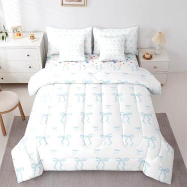 Imagem de Erosebridal Conjunto de cama solteiro com laço azul, 7 peças, para meninas adolescentes com laço e laço - Conjunto de edredom fofo com lençóis, moderno, moderno, coquete, laço e edredom