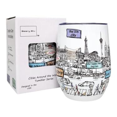 Imagem de Beary Blu Cidades ao redor do mundo Série de copos de 355 ml - Projetado nos EUA - Copo isolado a vácuo com tampas - Caneca de viagem de aço inoxidável para vinho e café, água, para bebida quente e