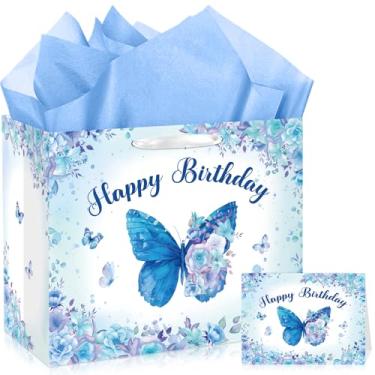 Imagem de LUUFILx Bolsa de presente de aniversário de borboleta para meninas e mulheres, bolsa de lembrancinha de festa de flores de borboleta com cartão de papel de embrulho, bolsa de presente floral roxa rosa