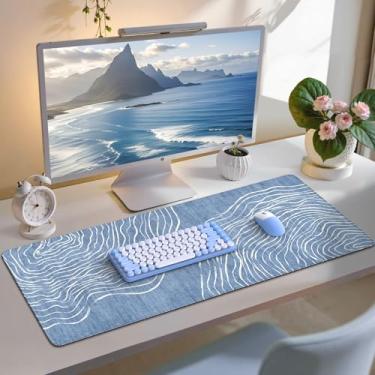 Imagem de iCasso Capa de mesa, mouse pad longo estendido para laptop, tapete de computador estético com bordas costuradas, tapete de teclado antiderrapante para desktop, protetor de mesa azul fofo para