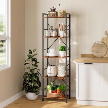 Imagem de Dunatou Estante de livros de 5 camadas, estante alta com 5 prateleiras abertas, estante de metal e madeira para escritório, prateleira organizadora de armazenamento para quarto, sala de estar, marrom