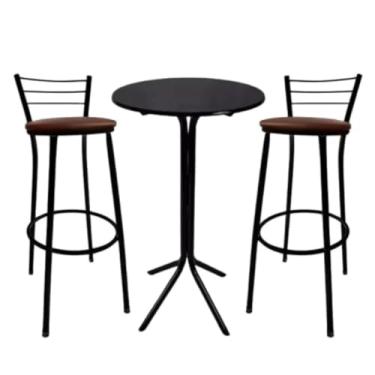 Imagem de Conjunto Completo Mesa De Bistrô Com 2 Banquetas Altas, Em AçO E Mdf, Para Cozinha, Bar E áRea Gourmet(Marrom)