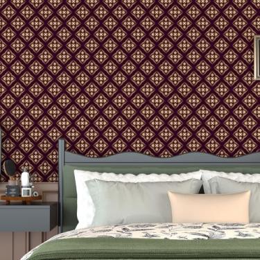 Imagem de Yullpaper Papel de parede geométrico para locatários vintage para decoração de quarto papel de parede geométrico removível autoadesivo vermelho escuro papel de parede para sala de estar 17,5 × 102,3