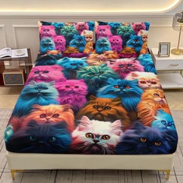 Imagem de AILONEN Jogo de lençol com elástico kawaii, gato, fofo, colorido, para crianças, meninos, adolescentes, para todas as estações, 1 lençol com elástico e 2 fronhas, 3 peças