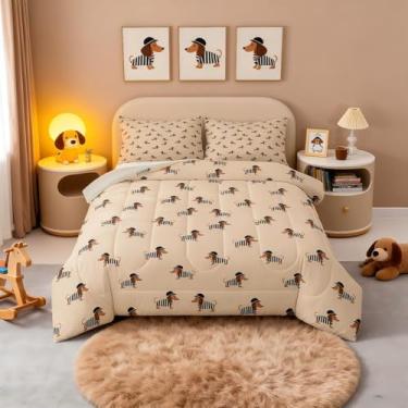 Imagem de jejeloiu Conjunto de cama casal Dachshund, fofo, cachorro, animal de estimação, para meninos, meninas, adolescentes, respirável, macio, leve, microfibra zebra, listras, edredom