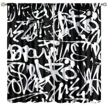 Imagem de Cortina blackout grafite preto branco abstrato arte bagunçada cortinas redutoras de ruído Rod Pocket cozinha sala de jantar café sala de estar quarto escritório 132 x 244 cm
