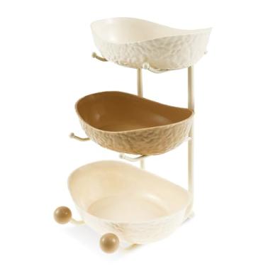 Imagem de Cesta de frutas de 3 camadas com suporte, suporte de frutas de plástico com prateleira para bancada de cozinha, cesta de frutas em camadas versátil com economia de espaço para alimentos, legumes, bolo