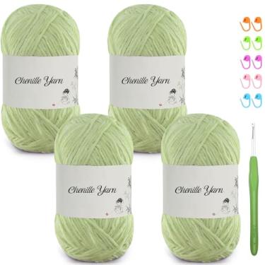 Imagem de SIMEIQI Pacote com 4 fios de chenille de 50 ml para crochê, 158 metros de fio de veludo macio e fofo, crochê ideal para cobertores de bebê, brinquedos, cachecóis, travesseiros, almofadas (verde)