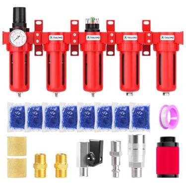 Imagem de TAILONZ PNEUMATIC 0-150PSI 1/2 polegada NPT Vermelho Industrial Grau 5 Estágios Sistema de Secagem de Ar, Filtro de Partículas, Filtro Coalescente, Secador de Dessecante Duplo e Regulador de Ar