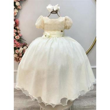 Imagem de Vestido Infantil Longo Marfim com Aplique de Broche em Flor para Damin