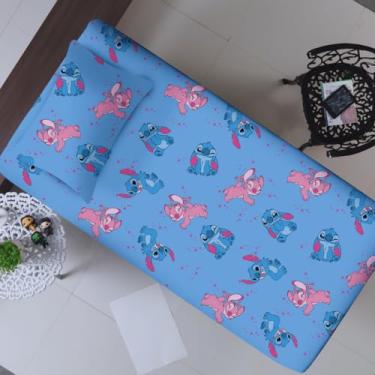 Imagem de Jogo de Cama Solteiro Infantil Disney Lilo & Stitch Angel Oficial – Rosa e Azul Anti Alergico Lençol c/Elástico – Malha 70% Algodão 30% Poliéster Premium