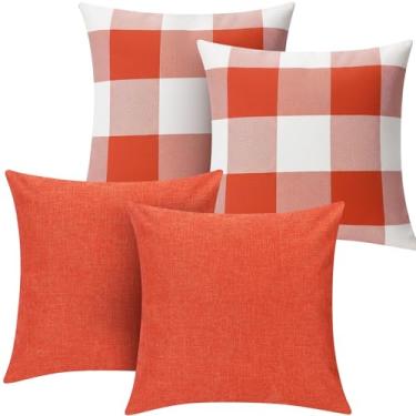Imagem de Breling Conjunto de 4 capas de almofada xadrez xadrez Farmhouse Buffalo para decoração de Natal, Dia das Bruxas, Ação de Graças, cama de carro, sofá, 45 x 45 cm (laranja, branco e laranja puro)