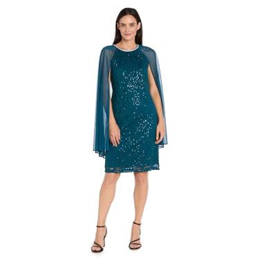Imagem de R&M Richards Vestido feminino de renda de lantejoulas na altura do joelho com acabamento em strass e capelet de chiffon - roupa elástica para coquetéis e noite, Azul-petróleo, 52
