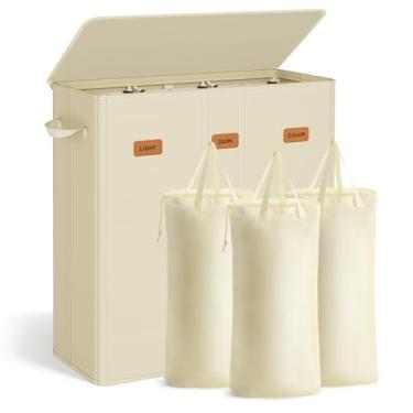 Imagem de SONGMICS Cesto de lavanderia de 160 litros, classificador de cesto de roupa suja de 3 compartimentos com tampa, etiquetas, sacos de forro removíveis, para quarto, branco creme URLH013W01