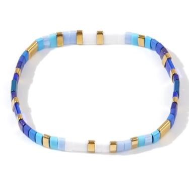 Imagem de EQUBIO TILA Pulseira feminina – Contas quadradas gradientes azuis brancas feitas à mão com detalhes dourados, joia em camadas minimalistas boho elástica presente